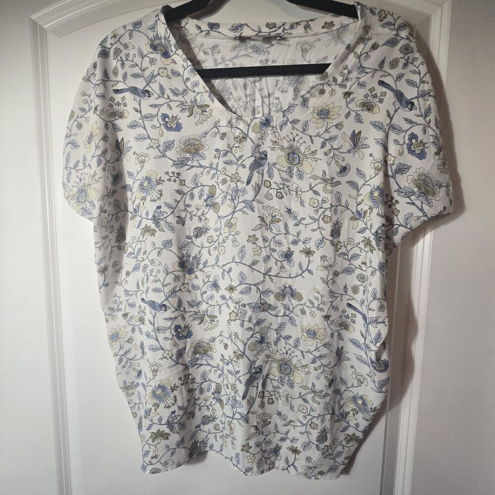 LOFT womens blouse Birds floral pullover split cap sleeves L